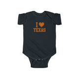 I Heart Texas with Longhorn Bull Baby Onesie Infant Toddler Bodysuit for Boys or Girls